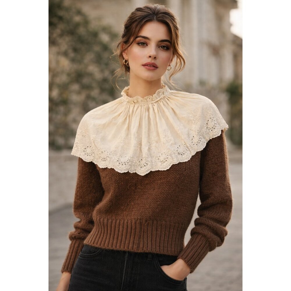 ZARA Brown Knit Sweater with Cream Embroidered Lace Collar – Size S